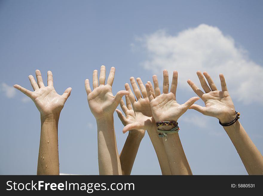 Hand on the air on blue sky background. Hand on the air on blue sky background
