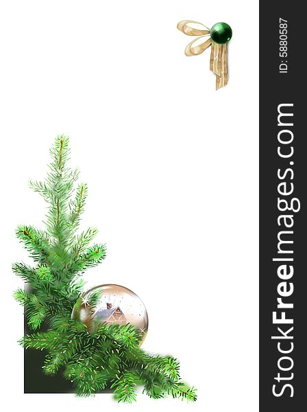 Illustration green Christmas tree whith glass sphere