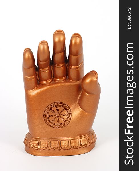 Hand of Buddha with a symbol，on white background