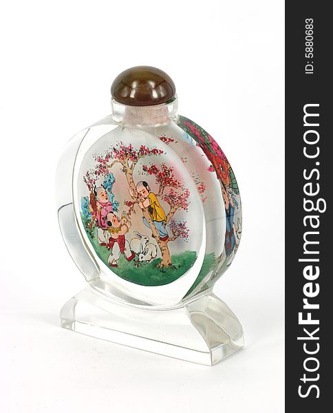 Snuff-bottle with inside painting on white background.