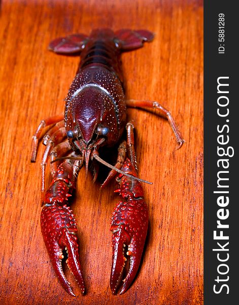 Seafood crawdads in a wooden plate positioned front view