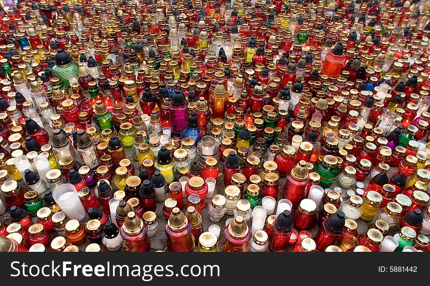 Photograph of the candles burning at cemetery