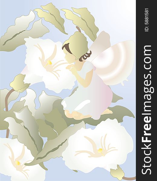 Vector illustration of small good fairy and flowers