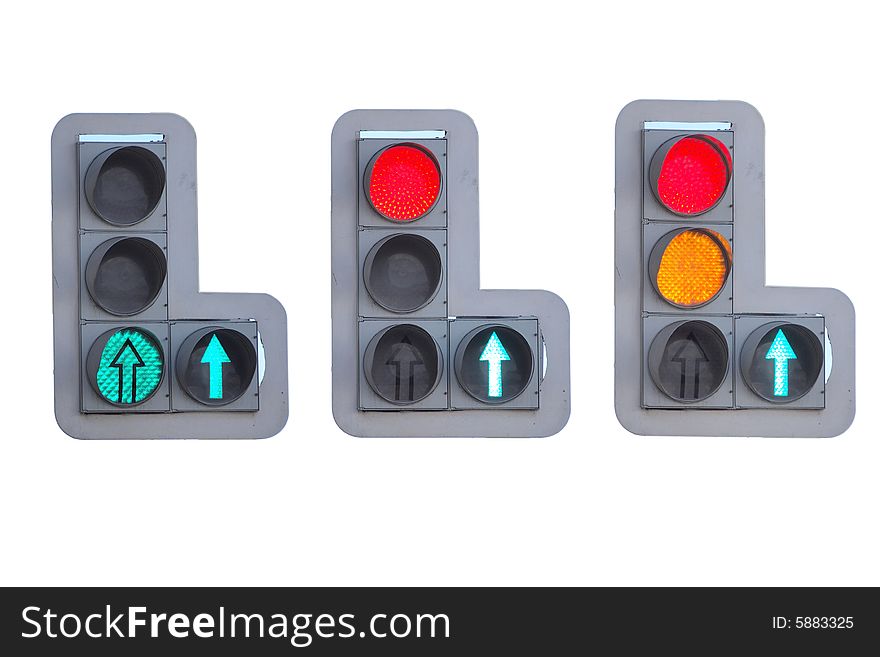 Three kinds of signals on a traffic light on a white background