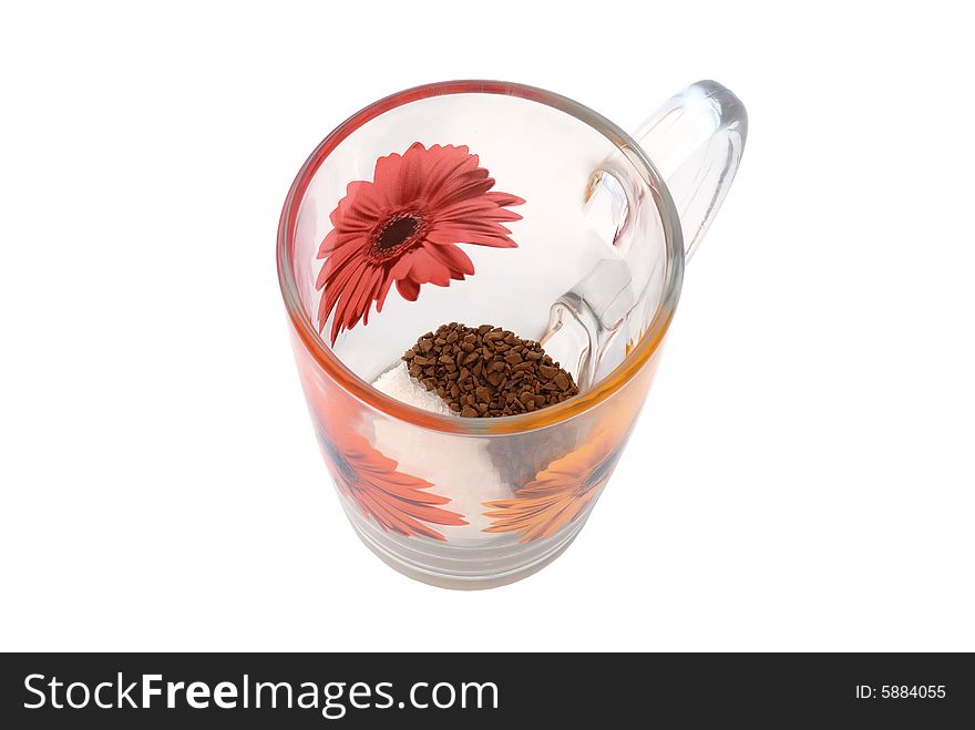 Instant coffee and sugar in glass cup isolated. Instant coffee and sugar in glass cup isolated