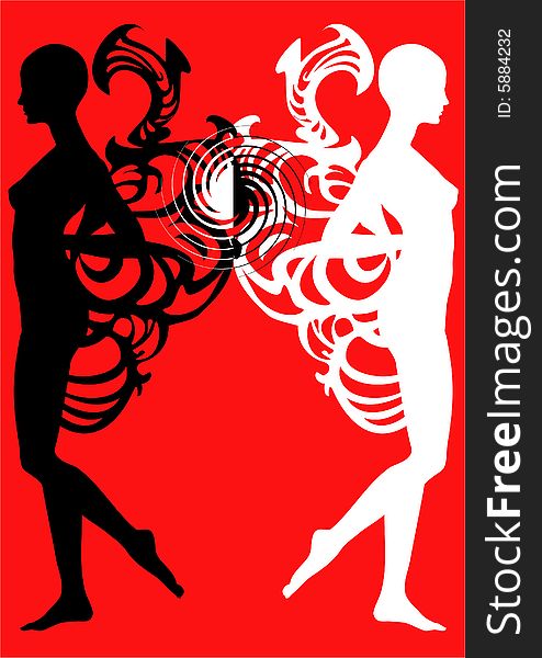 Illustration with the image of the beautiful abstract girl on a red background. Illustration with the image of the beautiful abstract girl on a red background.