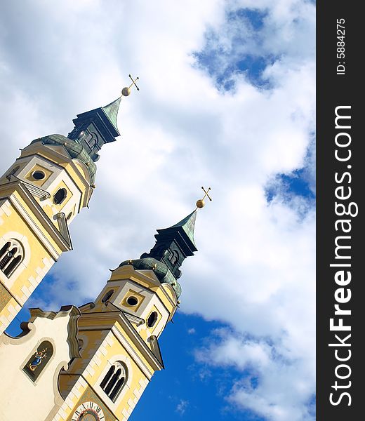 The two belltowers of the cathedral in Bressanone. The two belltowers of the cathedral in Bressanone