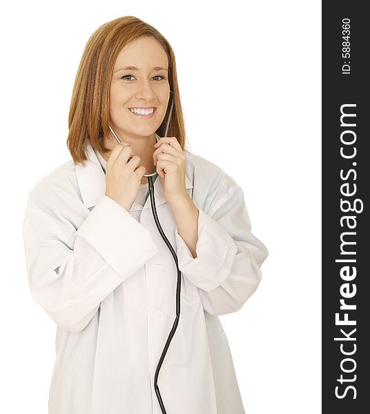 Shot of isolated doctor woman or lab worker holding her stethoscope. Shot of isolated doctor woman or lab worker holding her stethoscope