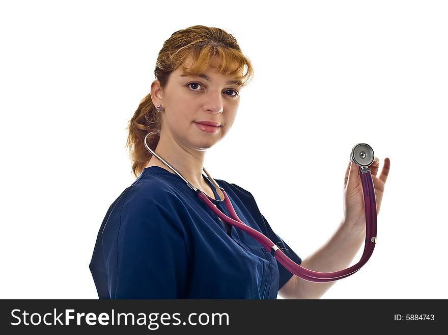 Young female doctor with stethoscope over white background