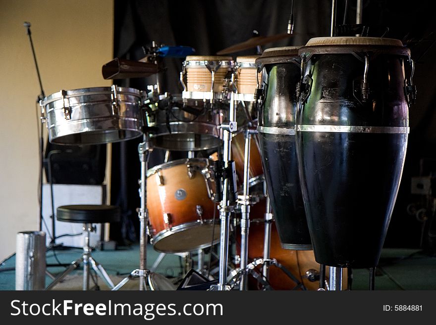 A drum set for a tropical band on stage