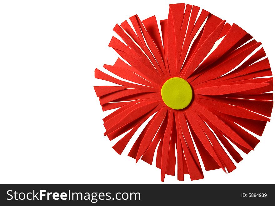 Colourful hand made foam flowers on white background.