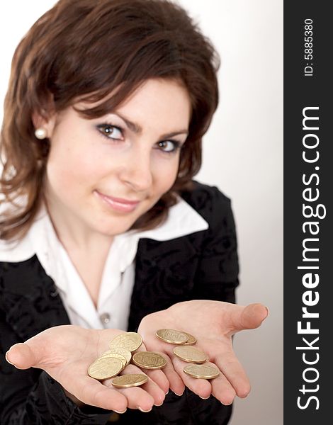 An image of woman with coins in her hand. An image of woman with coins in her hand