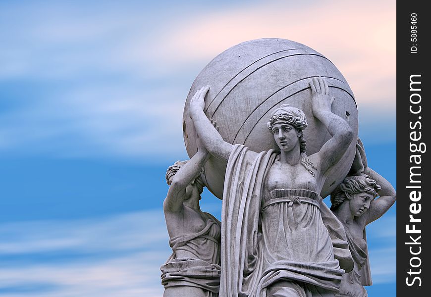 Allegorical statues about admiralty on a sky background. St.Petersburg , Russia