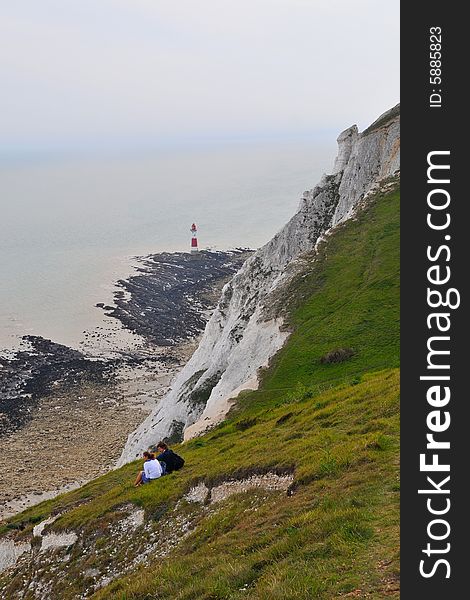 Cliffs and Lighthouse, Eastbourne seaside, England.