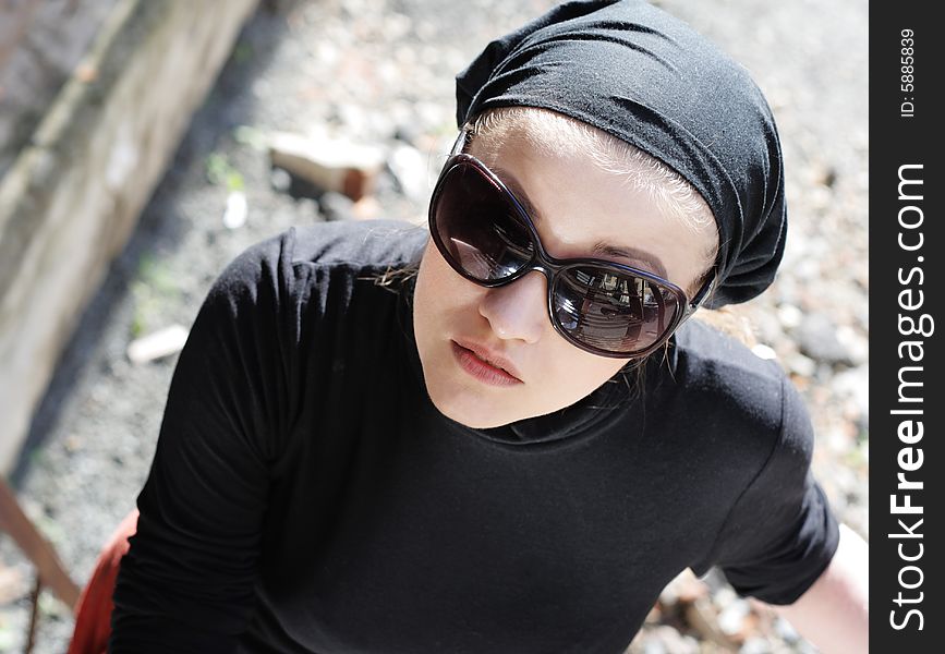 Beautiful Woman in Sunglasses and Kerchie Kerchief. Top View.