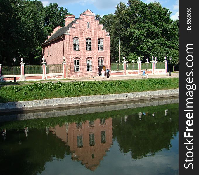 Pavilion the Dutch small house at a pond in ancient manor Sheremetev Kuskovo's column in Moscow