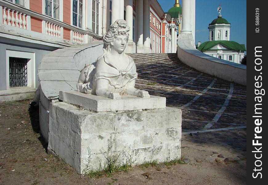 Front entrance in a palace of ancient manor Sheremetev Kuskovo's column in Moscow