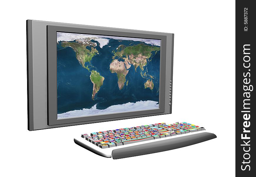 Computer Keyboard with Flags on key buttons, and large screen with World map.