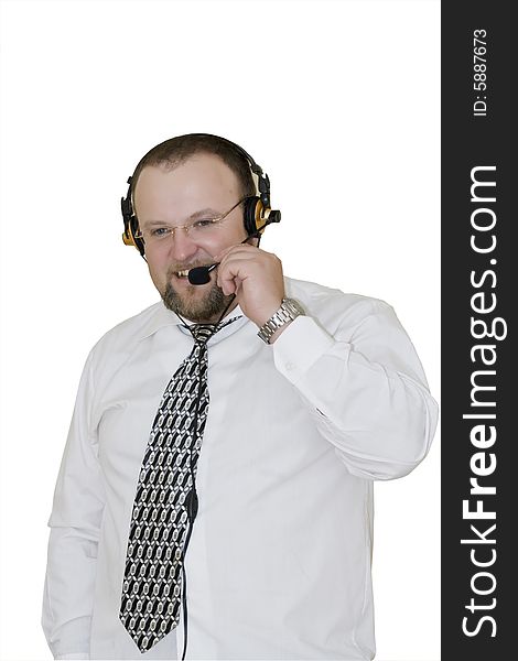 Male customer Representative with headset smiling during a telephone conversation. Male customer Representative with headset smiling during a telephone conversation