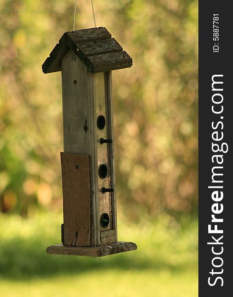 Wildlife bird feeder hanging, with a blurred natural background.