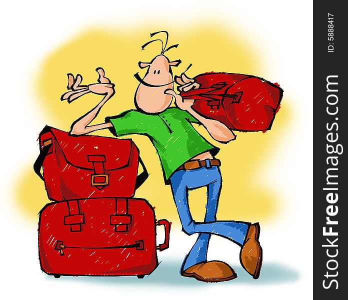 Cartoon drawing of a smiling guy with bags. Cartoon drawing of a smiling guy with bags.
