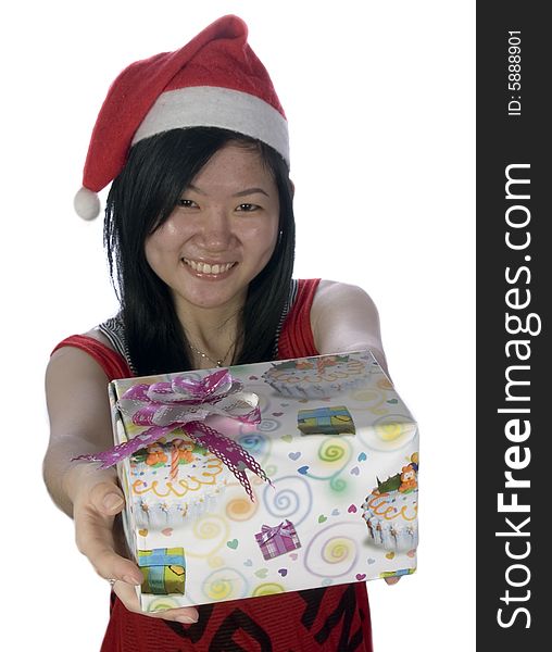Portrait of a santa girl with hat and gift. Portrait of a santa girl with hat and gift