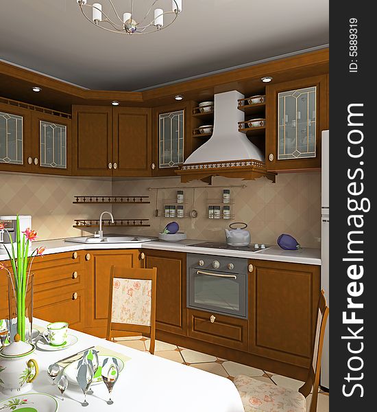 Interior of kitchen with elements of classics