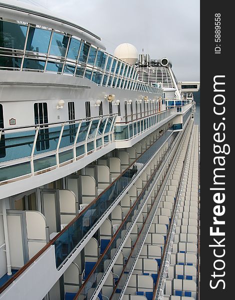 Side view of individual balconies belonging to cabins on a cruise ship bound for Alaska. Side view of individual balconies belonging to cabins on a cruise ship bound for Alaska.