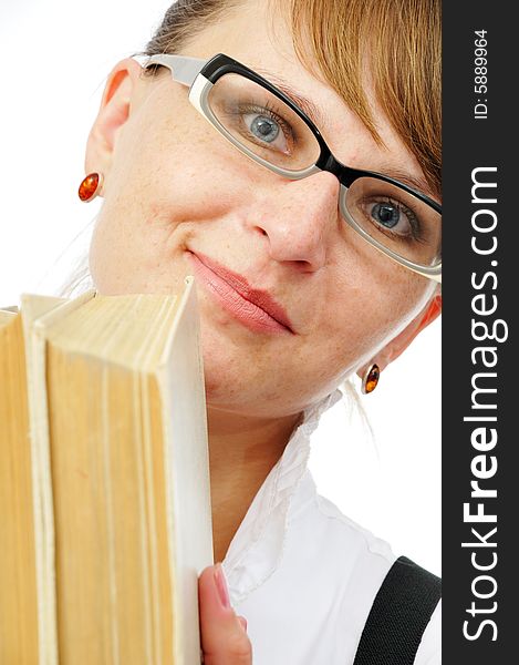 Businesswoman with book in her hands on white background