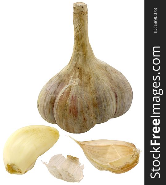 Garlic and segments of garlic on a white background