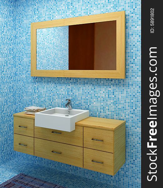 Image 3d of modern blue and wood bathroom. Image 3d of modern blue and wood bathroom
