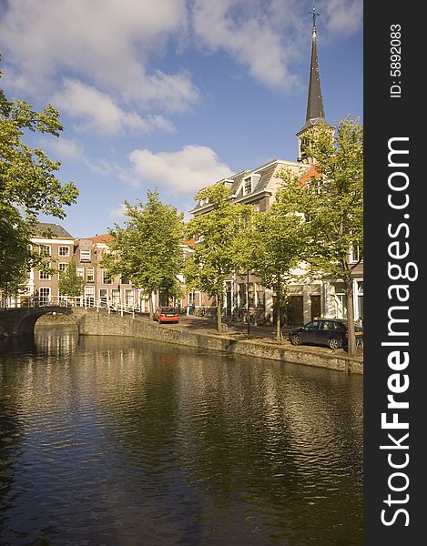 Picturesque view of a Dutch canal in the city of Delft