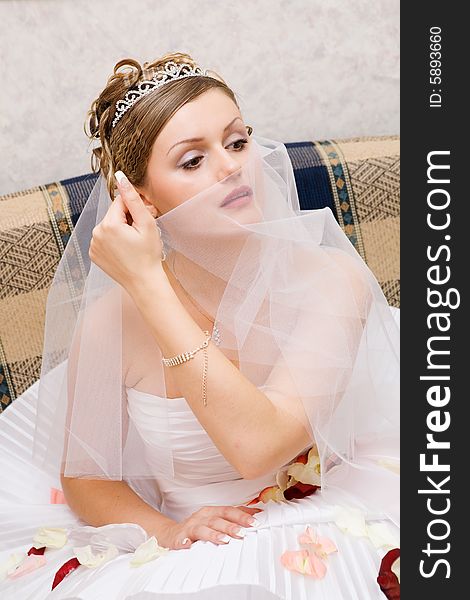 Smiling bride playing with the veil. Smiling bride playing with the veil