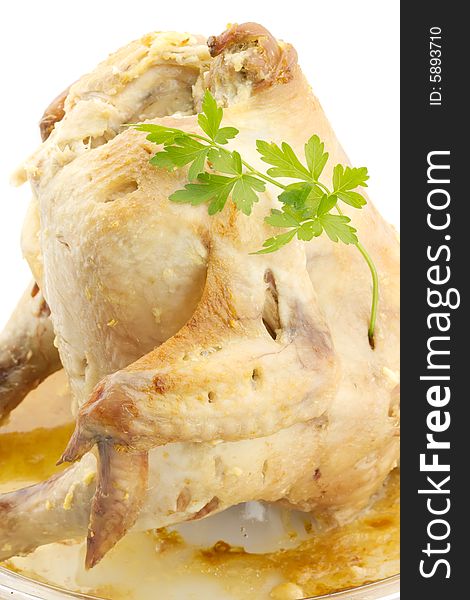 Roast chicken over white background. Roast chicken over white background