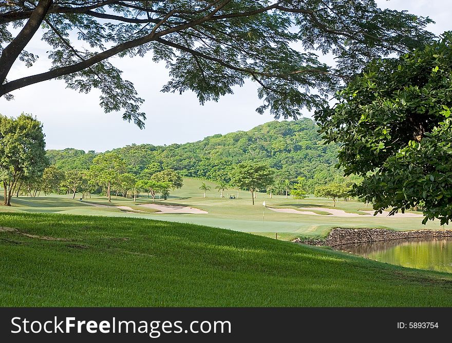 A golf course in a tropical setting from the trees. A golf course in a tropical setting from the trees