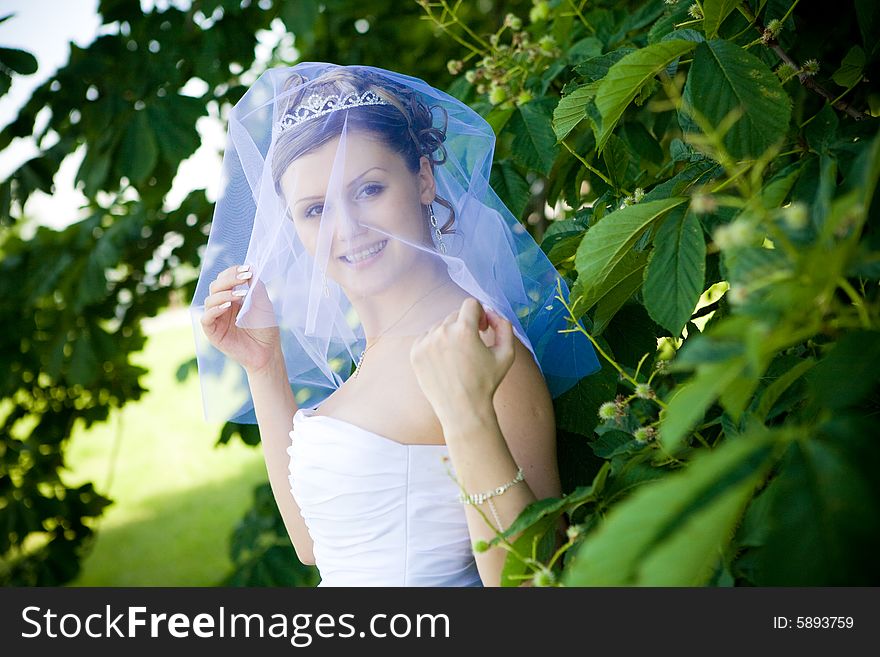 A happy bride near the tree. A happy bride near the tree