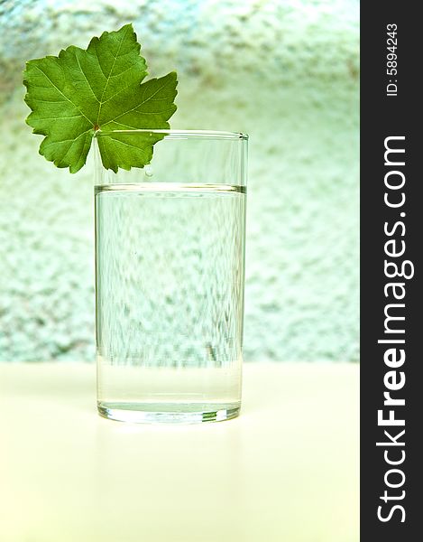 Green leaf on glass of water