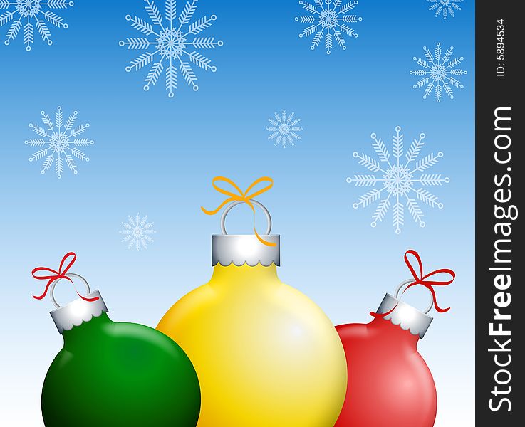 A background illustration featuring a bunch of shiny red, green, and yellow Christmas ornaments against blue snowflake background. A background illustration featuring a bunch of shiny red, green, and yellow Christmas ornaments against blue snowflake background