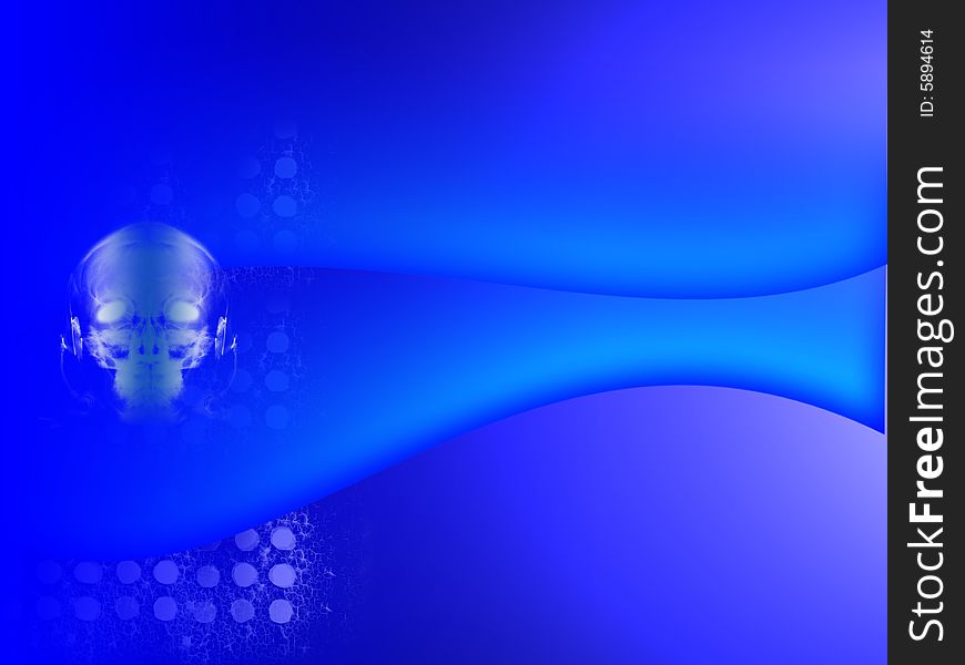 Abstract blue wallpaper with waves set of dots in electric field and tech alien skull with headphones
