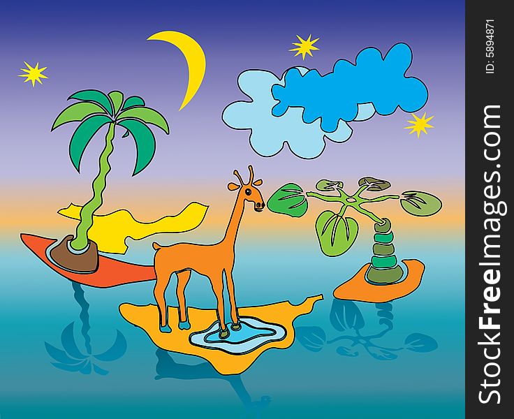 Giraffe on the sea island under the moon, vector illustration. Giraffe on the sea island under the moon, vector illustration