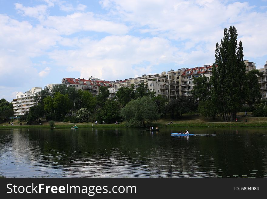 Modern houses located over a lake. Modern houses located over a lake