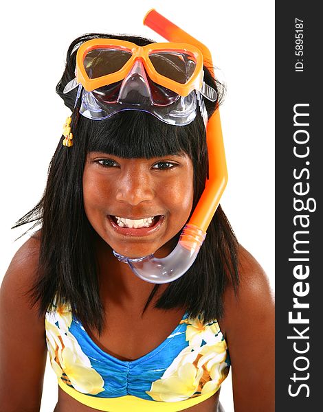 Adorable 10 year old Indian girl with snorkel and mask.