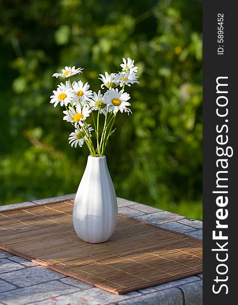 White flowers in white vase on the table