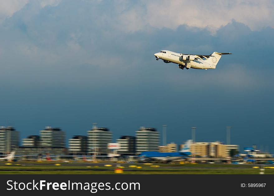 A plane take off at schiphol airport in amsterdam the netherlands