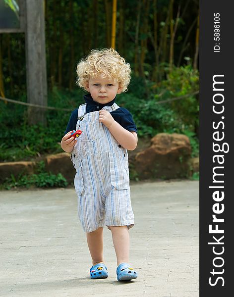 Cute young boy walking in summer