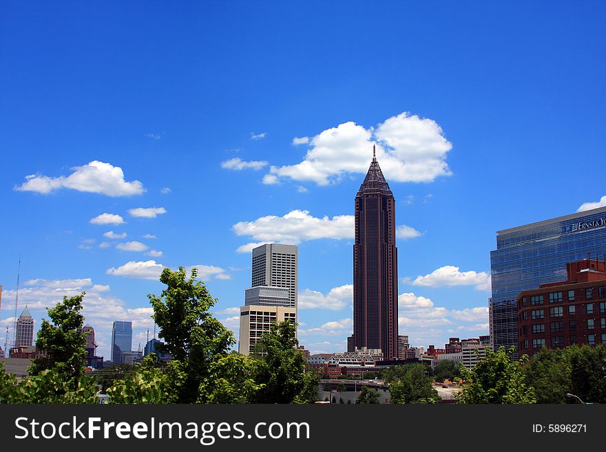 The skyline of Atlanta is capped by a few distinct buildings. The skyline of Atlanta is capped by a few distinct buildings.