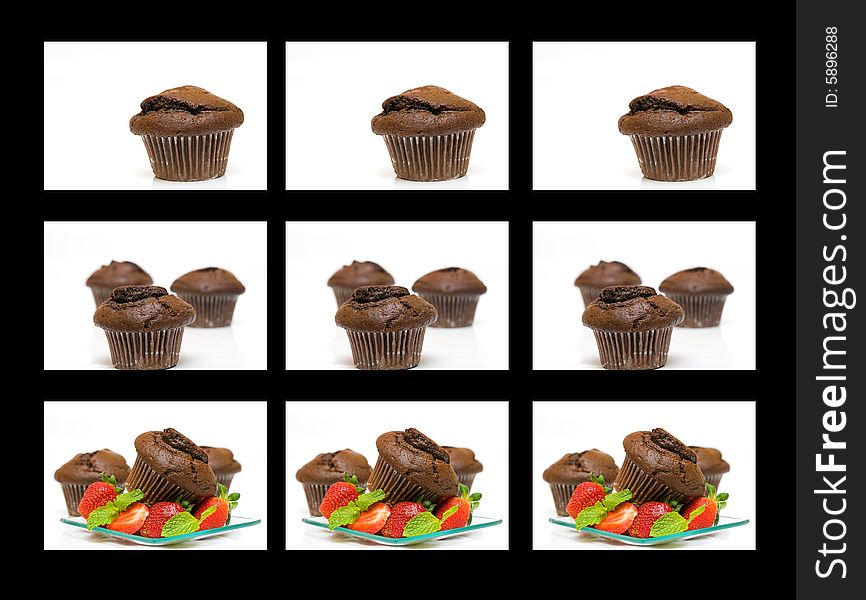 Fresh Chocolate Muffins cake composition on black background