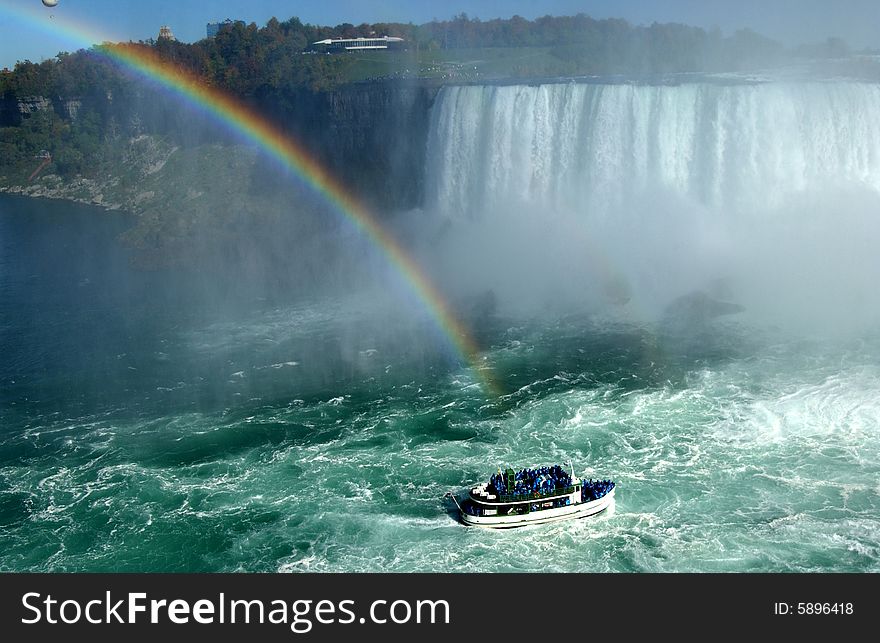 A Cruise under Niagara Falls in a beautiful rainbow.