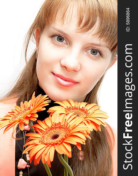 Portrait of beauty woman wiyh bouquet of gerberas. Portrait of beauty woman wiyh bouquet of gerberas