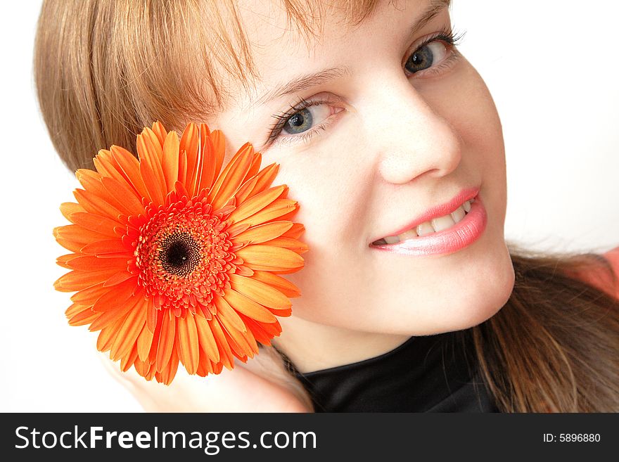 Portrait of beauty woman wiyh bouquet of gerberas. Portrait of beauty woman wiyh bouquet of gerberas